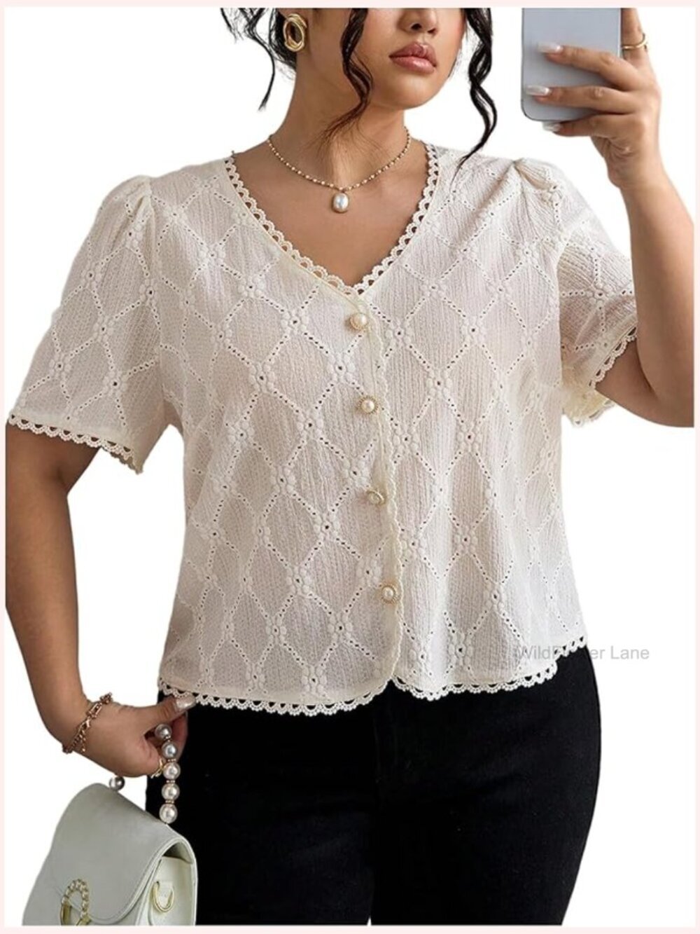Plus Size Eyelet Lace Pearl Button Blouse